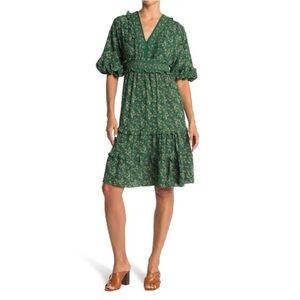 NWOT Max Studio Green Floral Bohemian Prairie Dress 3/4 sleeve